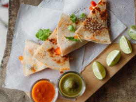 grilled quesadilla on the wooden board