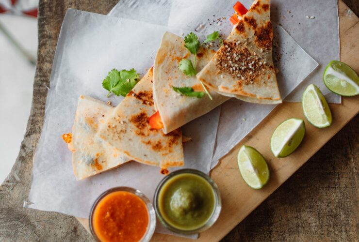 grilled quesadilla on the wooden board